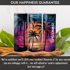May include: Three stainless steel tumblers with a tropical sunset design. The tumblers are personalized with the name "Brianna".