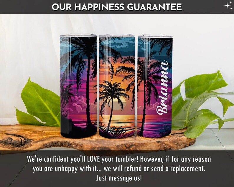 May include: Three stainless steel tumblers with a tropical sunset design. The tumblers are personalized with the name "Brianna".