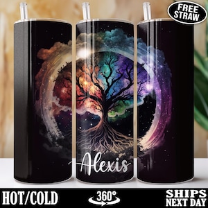 May include: A stainless steel tumbler with a colorful tree of life design and the name "Alexis" printed on the front. The tumbler is double-walled and vacuum insulated to keep drinks hot or cold for hours.