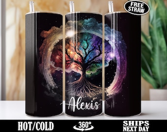 Personalized Tree of Life Tumbler, Custom Tree of Life Cup, Celestial Tumbler, Celestial Cup, Rainbow Neon Bright Tree of Life Gift K-75T
