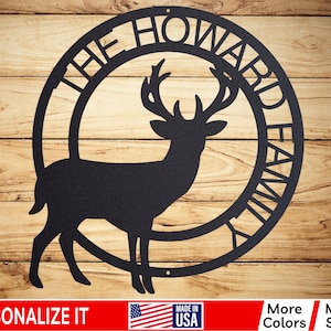 Personalized Deer Metal Cabin Sign Outdoor Hunter Hunting Stag Antlers Customized Family Name Door Hanger Custom Last Name Monogram W-94Z