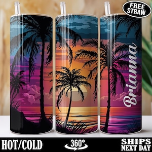 Personalized Beach Sunset Tumbler Cup, Custom Beach Tumbler, Ocean Travel Mug, Palm Trees Tumbler, Summer Vacation Gift for Her Women B-42V