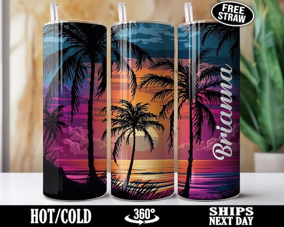 Personalized Beach Sunset Tumbler Cup, Custom Beach Tumbler, Ocean Travel Mug, Palm Trees Tumbler, Summer Vacation Gift for Her Women B-42V