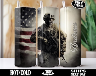 Personalized Veteran Tumbler, Custom Name Military Tumbler, US Army Cup, USA Marines Travel Mug, Veterans Day Gift for Veteran, Flag Q-65K