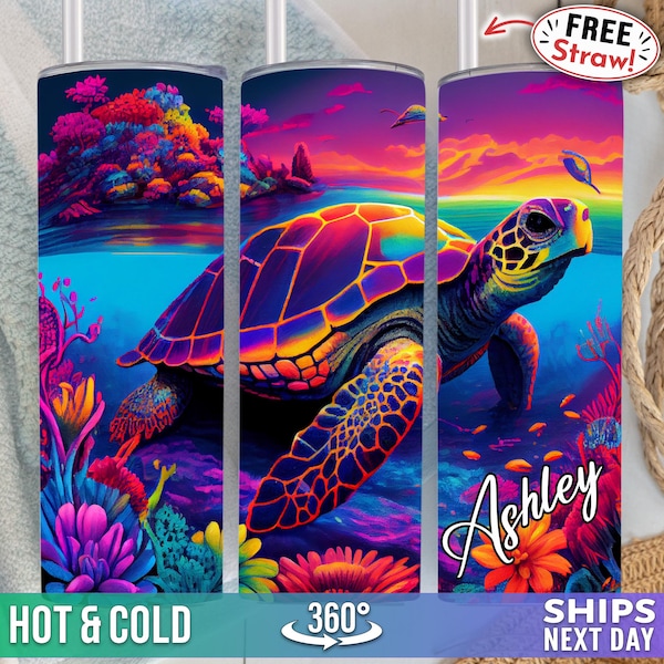 Personalized Turtle Tumbler, Custom Name Sea Turtle Tumbler, Cute Turtle Cup, Neon Rainbow Floral Turtle Lover Gift for Her Women Kids H-81P