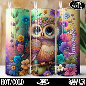 Cute Owl Tumbler Personalized, Custom Floral Owl Watercolor Tumbler Cup, Adorable Owl Lover Gift for Her, Night Owl Gift for Women Z-77S