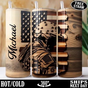 Personalized Veteran Tumbler, Custom Name Military Tumbler, US Army Cup, USA Marines Travel Mug, Veterans Day Gift for Veteran, Wood Z-32D