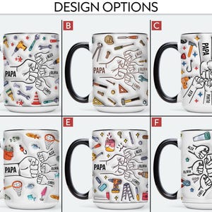 K&ouml;nnte beinhalten: Wei&szlig;e Keramik-Tasse mit schwarzem Henkel und Rand, mit einem Design mit Werkzeugen, dem Wort "PAPA" und Namen. Das Design beinhaltet eine Faust-Grafik und verschiedene Werkzeuge.