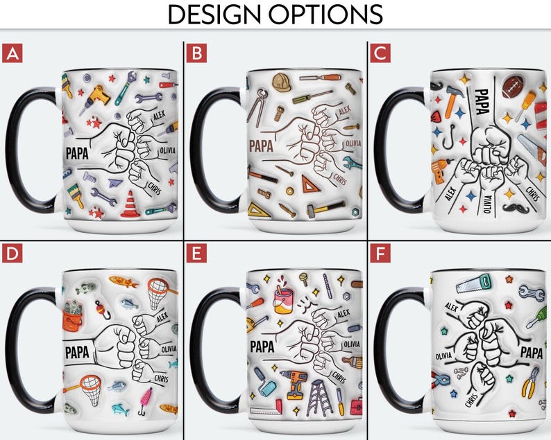 K&ouml;nnte beinhalten: Wei&szlig;e Keramik-Tasse mit schwarzem Henkel und Rand, mit einem Design mit Werkzeugen, dem Wort "PAPA" und Namen. Das Design beinhaltet eine Faust-Grafik und verschiedene Werkzeuge.