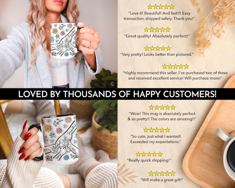 May include: White ceramic coffee mug with a black handle. The mug features a black and white illustration of intertwined hands with the word "Grandma" written on the mug. The mug is surrounded by colorful flowers and leaves. The mug is on a wooden surface with a white background. The image includes customer reviews with five-star ratings and positive comments about the mug.