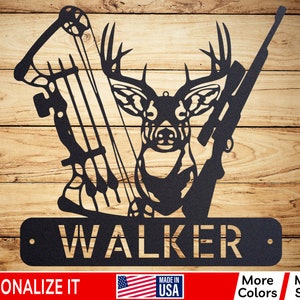 Personalized Deer Hunter Metal Cabin Sign Outdoor Hunting Head Antlers Customized Family Name Door Hanger Custom Last Name Monogram R-59Y