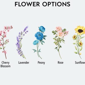 Puede incluir: Cinco opciones de flores diferentes: flor de cerezo, lavanda, peon&iacute;a, rosa y girasol. Cada flor est&aacute; ilustrada en estilo acuarela.
