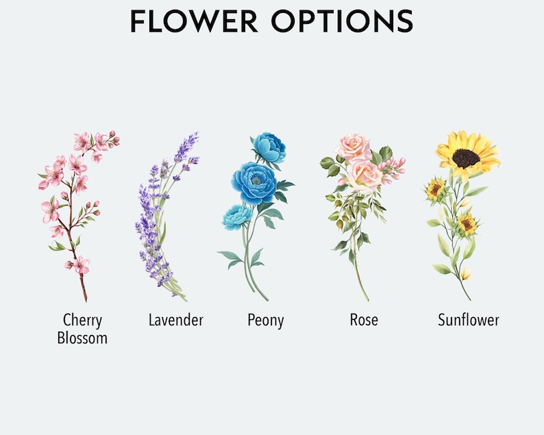 Puede incluir: Cinco opciones de flores diferentes: flor de cerezo, lavanda, peon&iacute;a, rosa y girasol. Cada flor est&aacute; ilustrada en estilo acuarela.