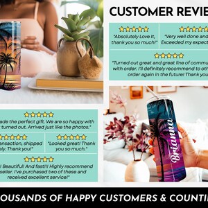 May include: A stainless steel tumbler with a colorful sunset and palm tree design. The tumbler is personalized with the name "Brianna". The image also includes customer reviews with five-star ratings and positive comments.