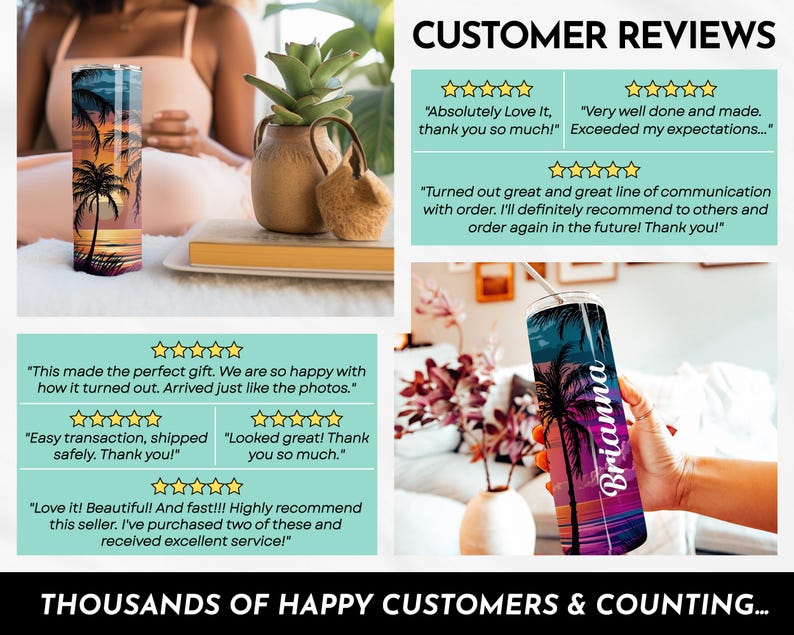 May include: A stainless steel tumbler with a colorful sunset and palm tree design. The tumbler is personalized with the name "Brianna". The image also includes customer reviews with five-star ratings and positive comments.