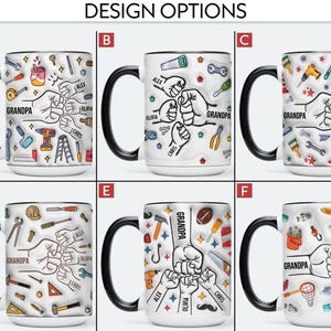 May include: A collection of six white ceramic mugs with black handles and rims, each featuring a unique design. The designs include tools, sports equipment, and fishing gear, with the word "Grandpa" and names like Alex, Olivia, and Chris.