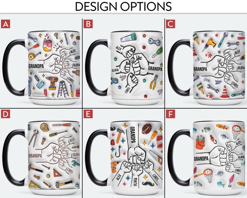 May include: A collection of six white ceramic mugs with black handles and rims, each featuring a unique design. The designs include tools, sports equipment, and fishing gear, with the word "Grandpa" and names like Alex, Olivia, and Chris.