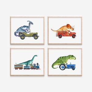Dinosaurs Driving Vintage Vehicles wall art 4 pack