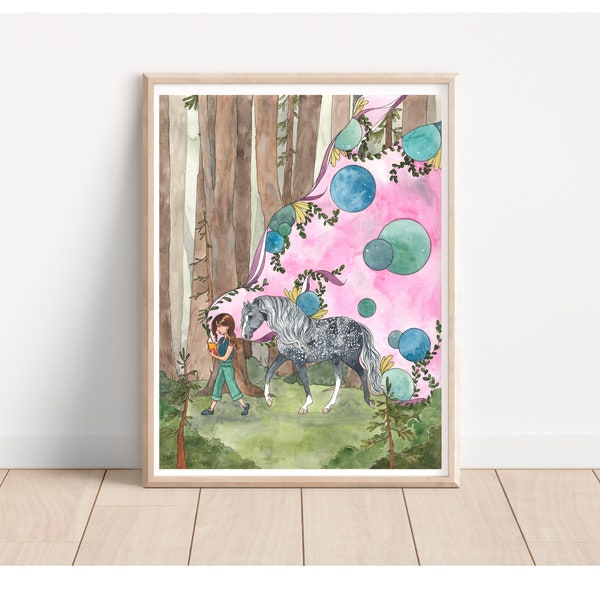 Girl and Horse print, Horse Print, Kids Room Print, Whimsical Horse Girl Art, Book Lover Art