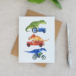 Dinosaur Rampage greeting card // Dinosaur on a Firetruck // Dinosaur on a Motorcycle // Dinosaur on a Tractor