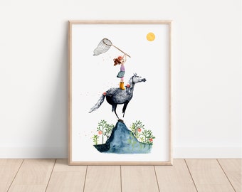 Girl on Horse print, Horse Print, Kids Room Print, Horse Girl Art
