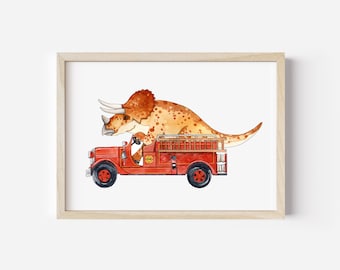 Dinosaur on a Firetruck print