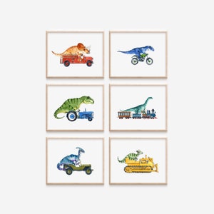 Dinosaurs Driving Vintage Vehicles art prints - 6 pack
