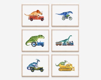 Dinosaurs Driving Vintage Vehicles art prints - 6 pack