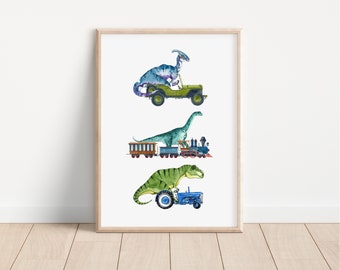 Dinosaurs Driving Vehicles Art Print