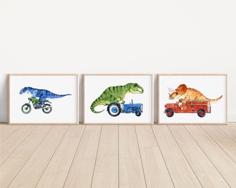 3 Dinosaur Print Pack  //  Dinosaur on a Tractor // Dinosaur on a Motorcycle // Dinosaur on a Firetruck