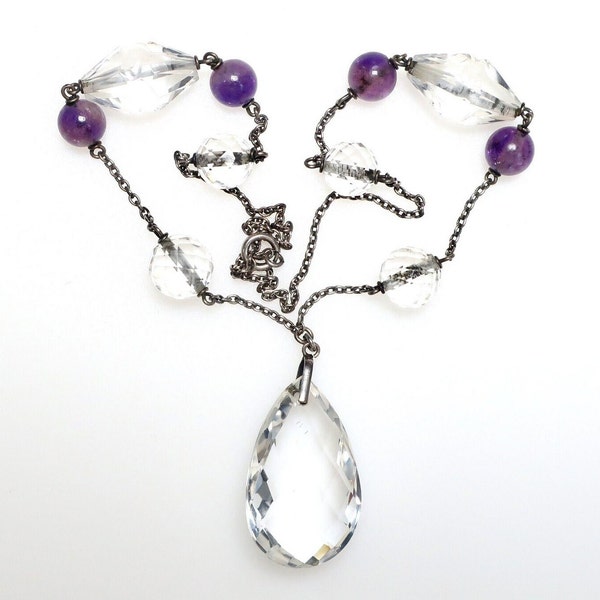 Antique Art Deco Arts & Crafts rock crystal and amethyst teardrop pendant necklace