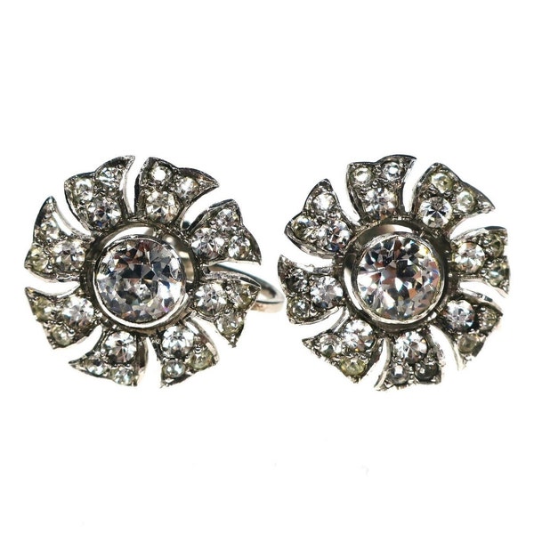 Vintage c1950s mid-century Ciro SCP rhodium plated sterling silver paste flower screw-back earrings