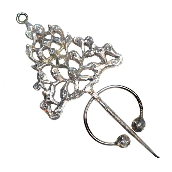 Antique 19th century French provincial unmarked silver metal and paste fibula penannular sash pin brooch