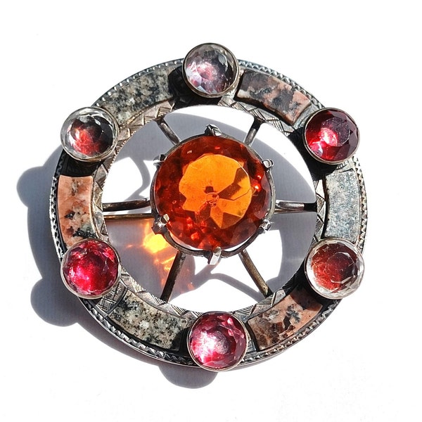 Antique Victorian LARGE unmarked silver agate inlay and citrine and foil backed paste plaid brooch