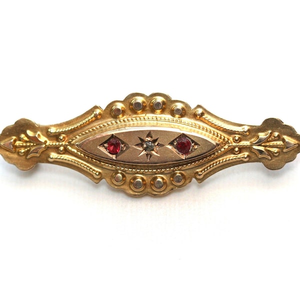 Antique Victorian Edwardian 9ct 375 yellow gold ruby and diamond chip locket back brooch