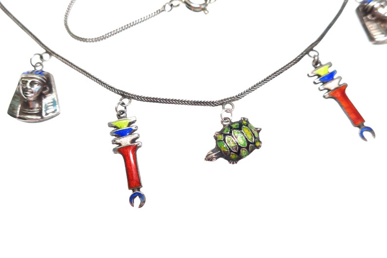 Vintage Art Deco 1920s Egyptian revival silver and enamel multi-drop charm necklace image 5