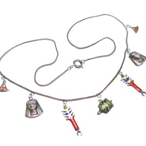 Vintage Art Deco 1920s Egyptian revival silver and enamel multi-drop charm necklace image 3