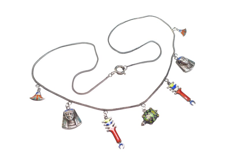 Vintage Art Deco 1920s Egyptian revival silver and enamel multi-drop charm necklace image 3