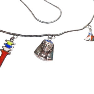 Vintage Art Deco 1920s Egyptian revival silver and enamel multi-drop charm necklace image 4