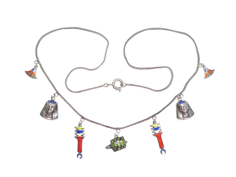 Vintage Art Deco 1920s Egyptian revival silver and enamel multi-drop charm necklace image 1