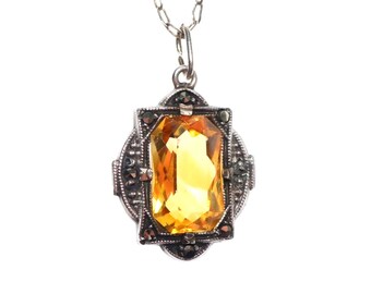 Vintage 1930s Art Deco unmarked silver faceted citrine and marcasite pendant necklace
