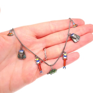 Vintage Art Deco 1920s Egyptian revival silver and enamel multi-drop charm necklace image 2