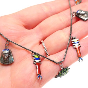 Vintage Art Deco 1920s Egyptian revival silver and enamel multi-drop charm necklace image 9