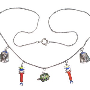 Vintage Art Deco 1920s Egyptian revival silver and enamel multi-drop charm necklace image 8