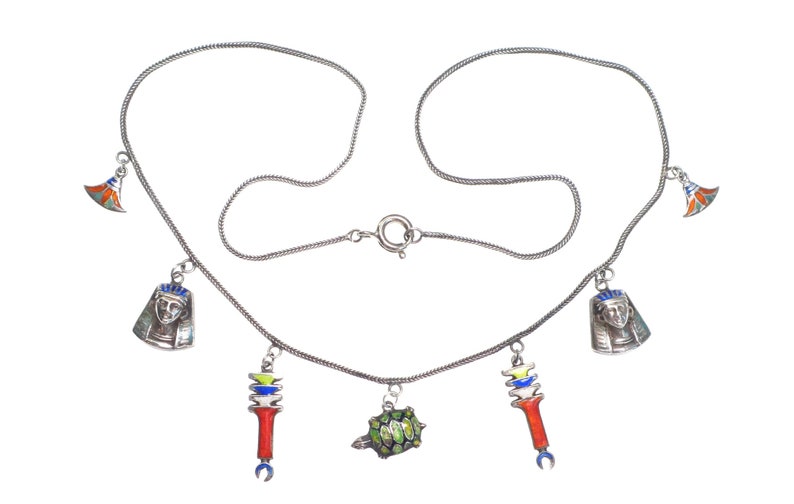 Vintage Art Deco 1920s Egyptian revival silver and enamel multi-drop charm necklace image 8