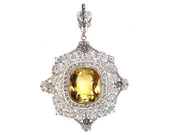 Antique Edwardian Arts & Crafts style poss Italian large unmarked silver and citrine filigree work pendant