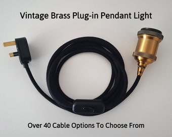 Plug in Pendant Light - Fabric Cable, Vintage Brass Lamp Holder and Plug - E27 Edison Screw - Industrial Modern Threaded - duggi Design