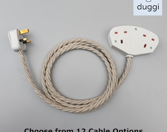 Vintage Style Twisted Fabric Cable Extension Lead - Black or White Trailing Socket - 1-way 2-way - 13a