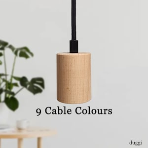 Plug in Pendant Light - Wood + Black - Hanging fabric cable cord & modern e27 wooden lamp holder - Unique reading, ambient mood lighting