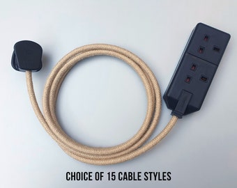 Bespoke Fabric Cable Extension Lead - Black Trailing Socket - 2-way 4-way - 13a - Modern Vintage Retro Heavy Duty